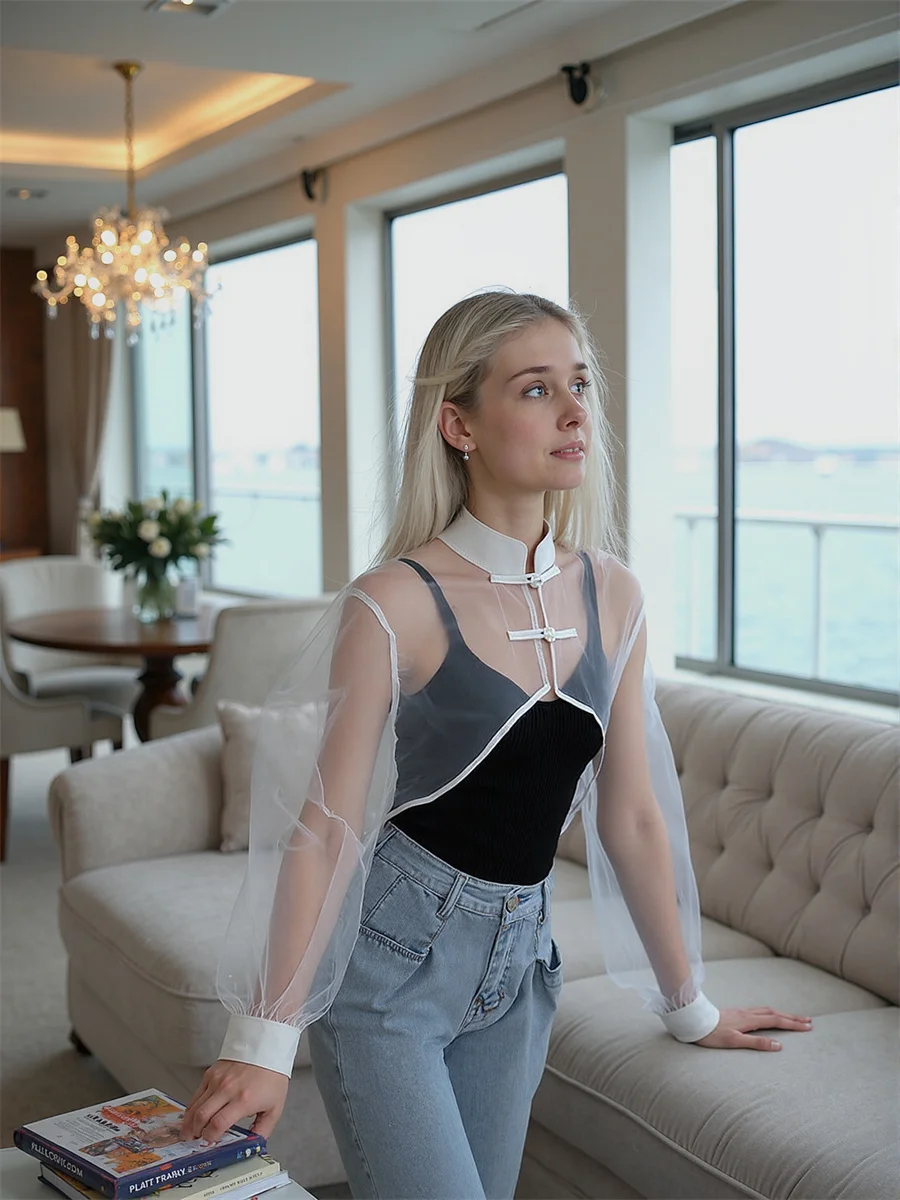 Black Woman Shirts For Lady Lantern Sleeve Button Front Cotton Turn Down Collar Lapel Blouse Simple Basic Minimalist Fashion