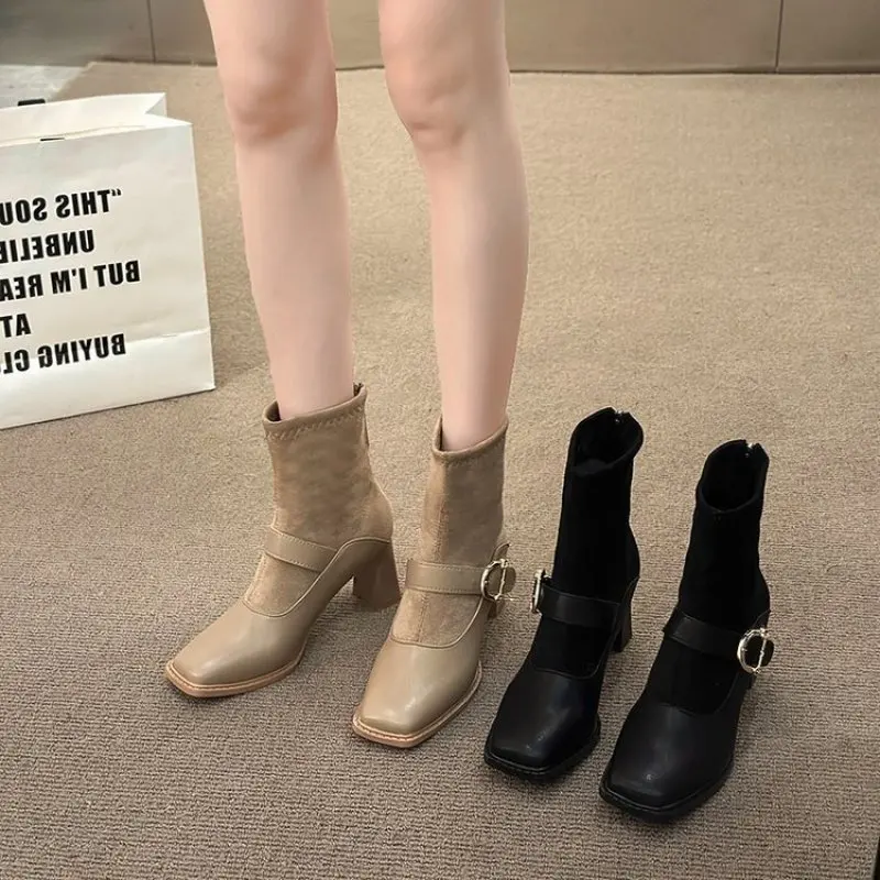 Elastic Boots Women Cow Suede Short Ankle Boots Female Spring Autumn Elegant Boots Stretch Slim Mixed Color Chunky Heel Boots 40