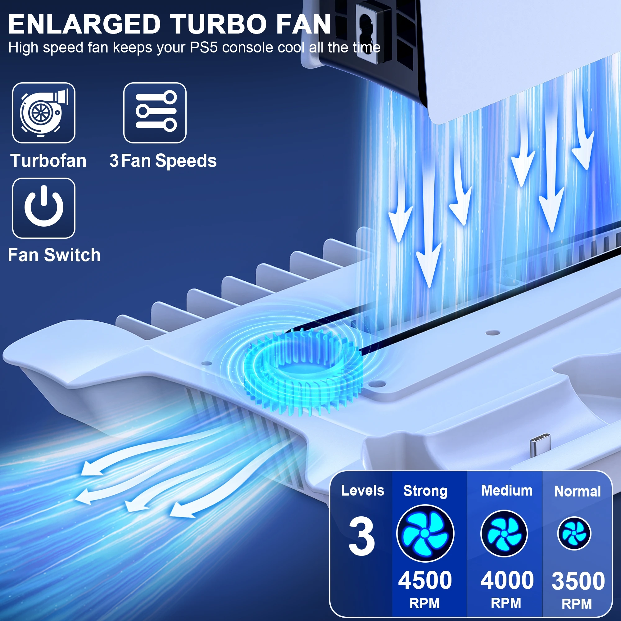 3 Mode Led Cooling Fan for PS5 Vertical Stand 2 Controller Charging Dock for Sony Playstation 5 Disc/Digital with 13 Game Slot