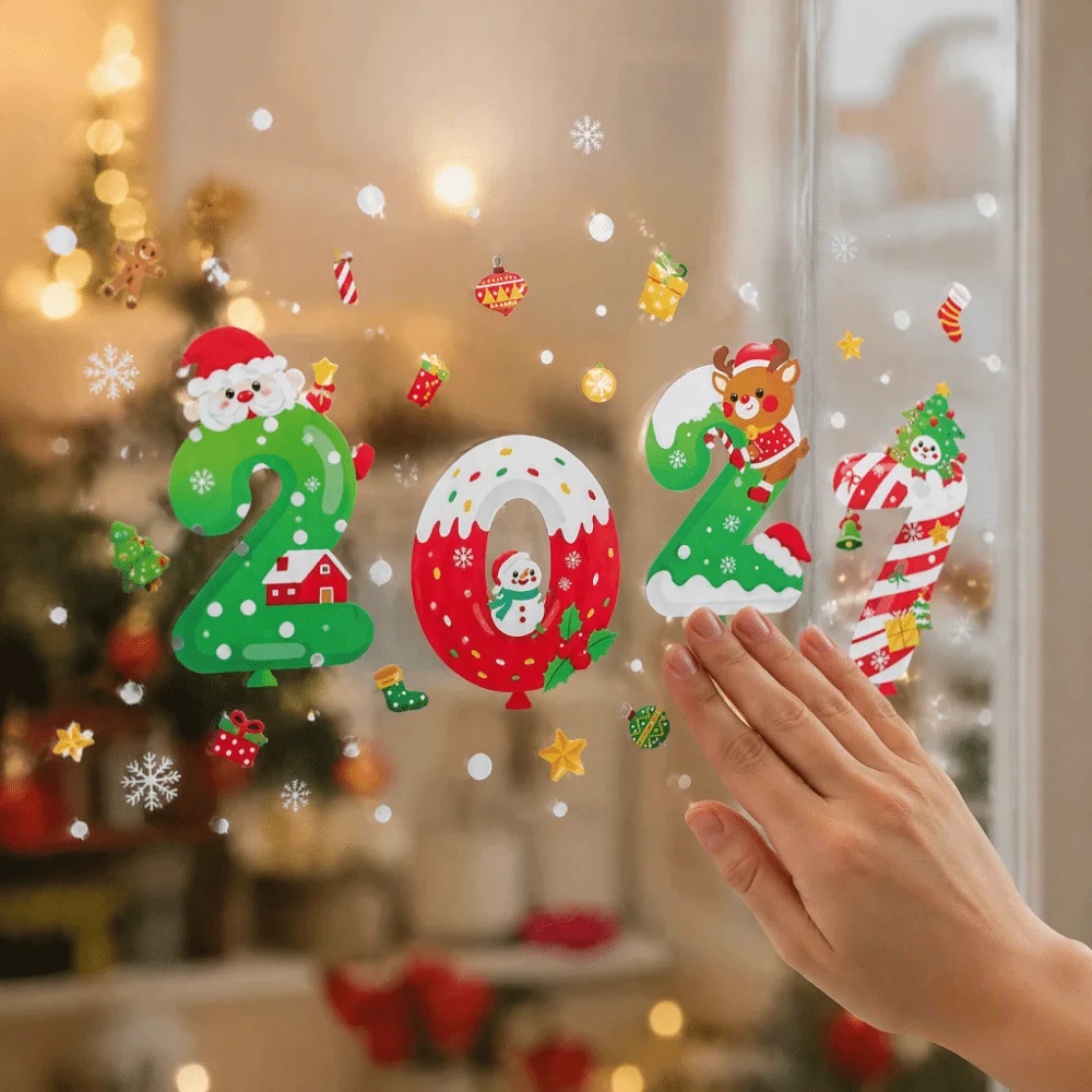 Static Cling Christmas Window Sticker Double-Sided PVC Car Window Decal Snowflake Pattern Colorful New Year Window Decor
