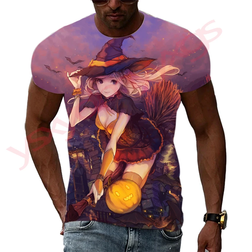 Japanese Cartoon Anime Magic Sexy Witch Men and Women T-Shirt HD 3D Printing Hip Hop Harajuku Tees Round Neck Short Sleeve Tops