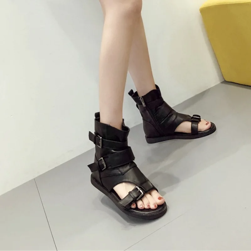 Fashion Women\'s Sandals with Buckle Strap Wedges High Top Roman Sandals Black Low Heel Comfortable Hollowed-out Shoes