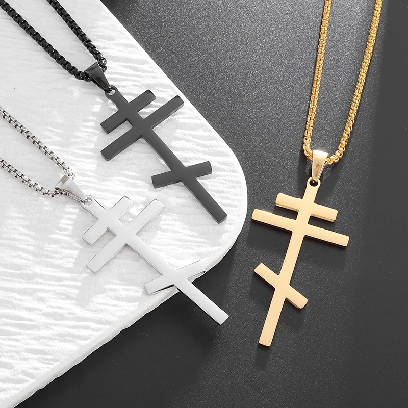 Stainless Steel Fashion Trend Simple Orthodox Road Sign Cross Pendant Christian Savior Jesus Necklace Men and Women Gifts