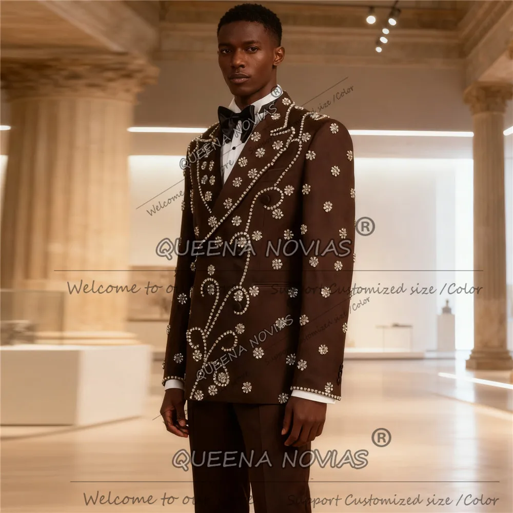 رجل مزدوج الصدر الدعاوى مطرز الأحجار حفلة موسيقية السترة مخصصة 2 قطعة مجموعات الرجال ملابس العريس الزفاف سهرة terno masculino