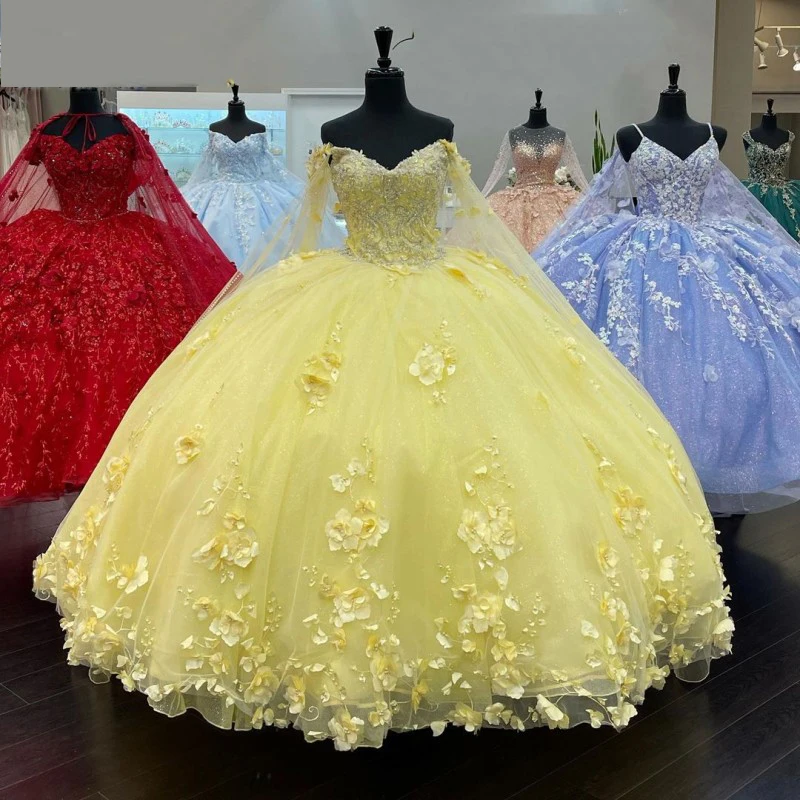 ANGELSBRIDE Yellow Plus Size Quinceanera Dresses Cape Applique Beading Princess Vestidos 15 Anos Puffy Debutante Sweet 16 Dress