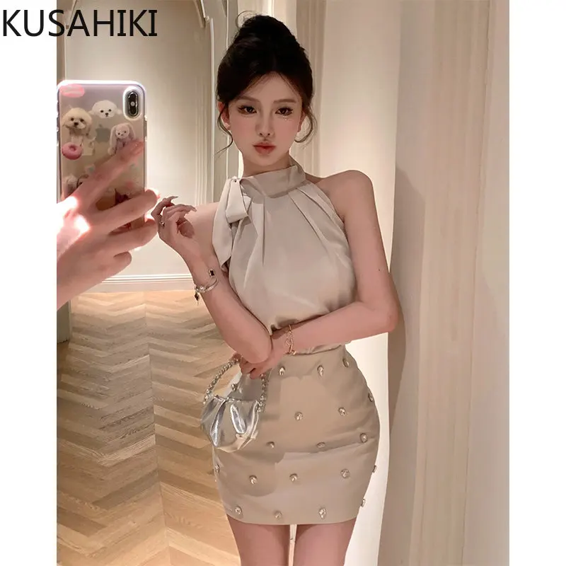 KUSAHIKI Elegant Fashion Sets Bow Bandage Halter Sling Tanks Top Women Summer Sexy Slim Mini Skirt Two Pieces Women Outfits