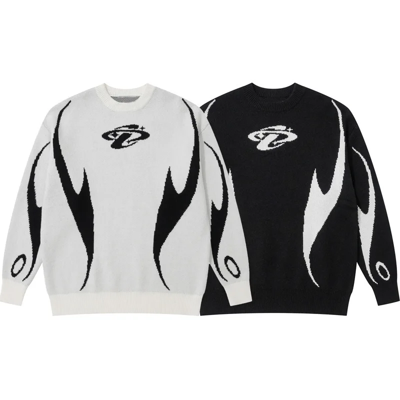 

European and American black and white color blocked sweater, high street retro pullover, fashionable casual clothing for men