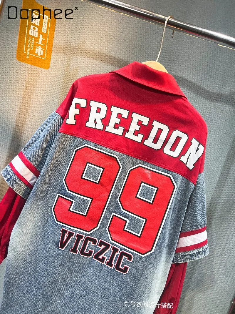

European Style Patchwork Denim Shirt Women Autumn New Personalized Print Fake Two-Piece Long Sleeve Trendy Oversized Shirts