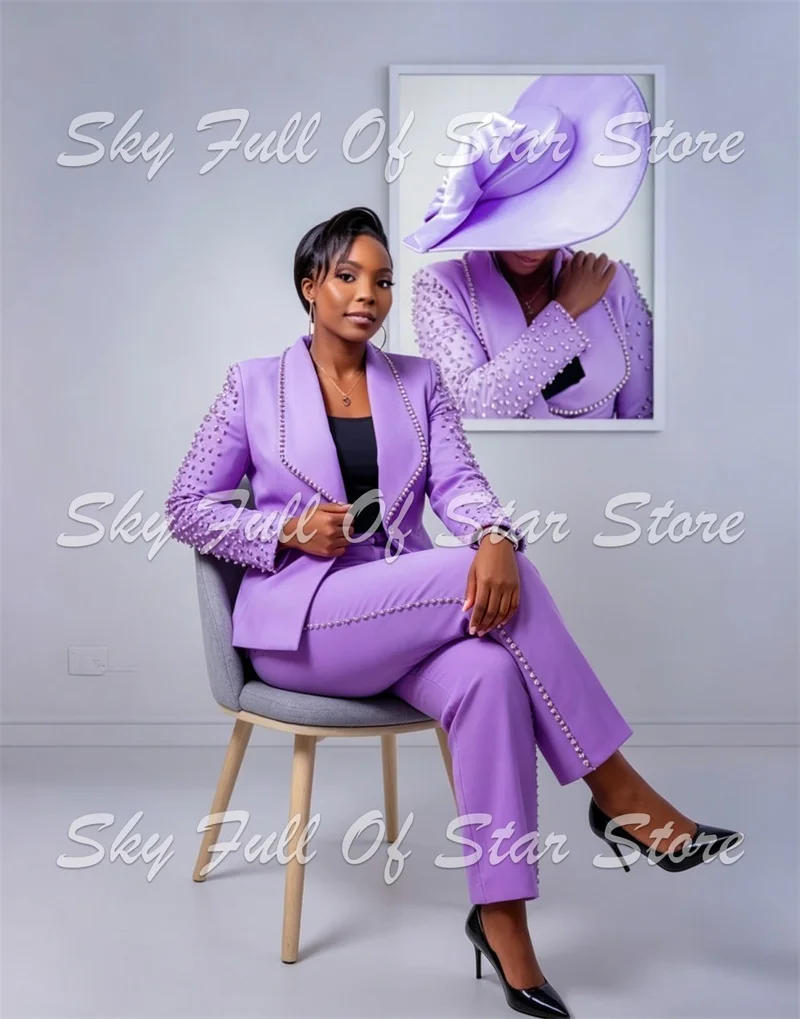 Elegant Pearl Rhinestone Women Suit Set 2 Pcs Purple Blazer Cropped Pants Formal Wedding Guest Evening Party Cocktail Lady Coat