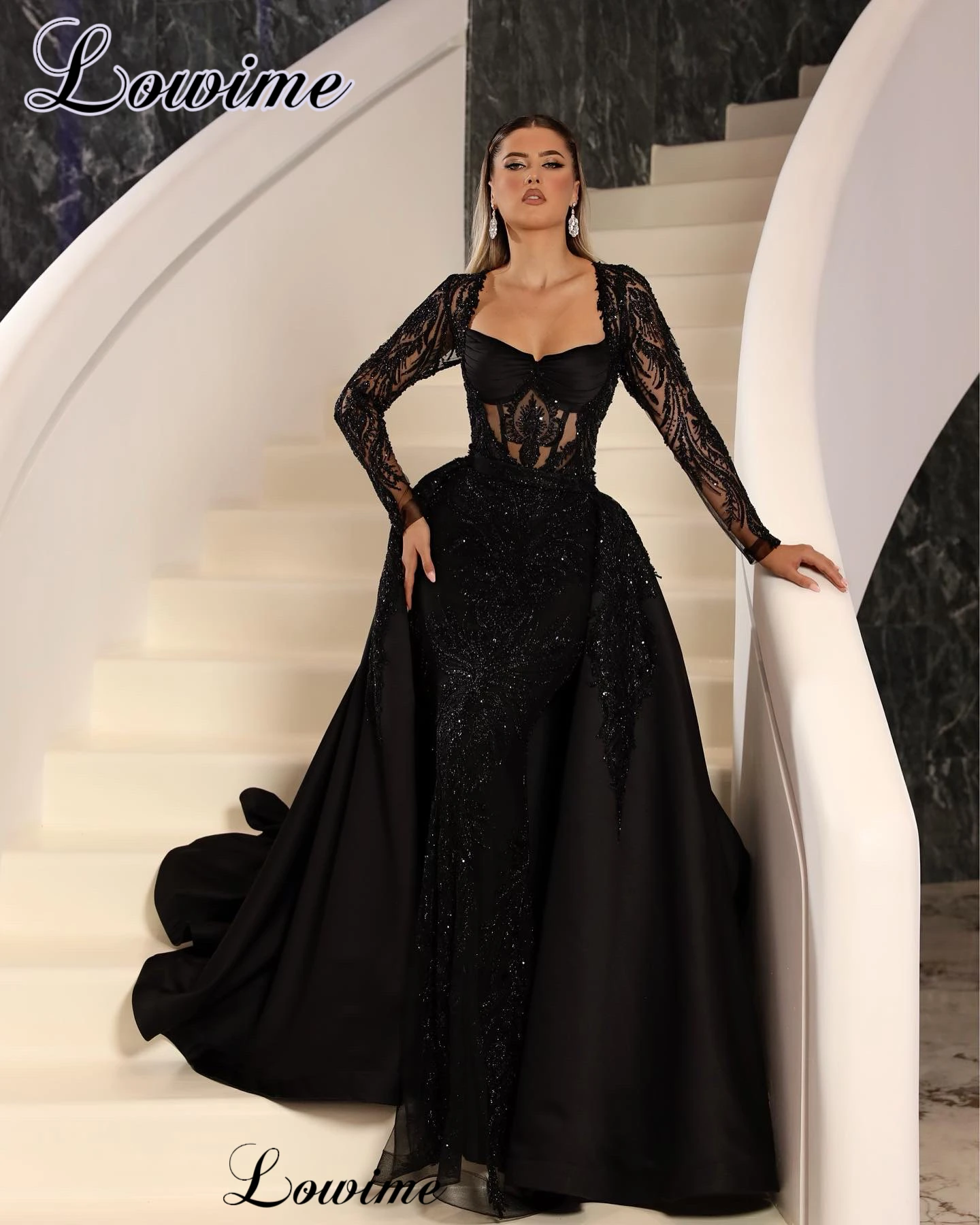Two Pieces Black Beaded Evening Dresses With Detachable Train Long Sleeves Formal Occasion Dresses For Women Robes De Soirée
