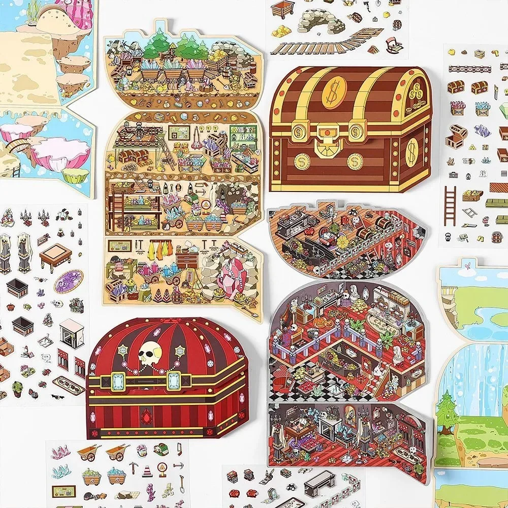 4 Packs Big 3D Cartoon Landscaping Sticker W/ Scence Card Pirates' Treasure Funny DIY Holiday Gift Scrapbooking Large Size