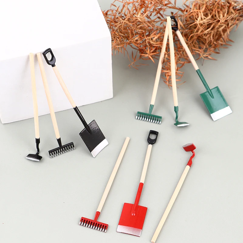 3Pcs 1:12 Dollhouse Miniatures Gardening Shovel Rake Hoes Farm Tool Doll Decor-Toy