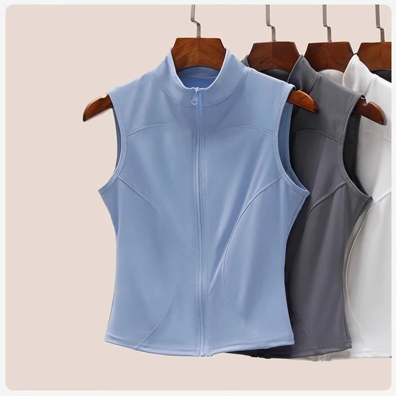 New T-shirt women's summer breathable Vest stand-up collar slim top wearing yoga clothes fitness running cycling clothes