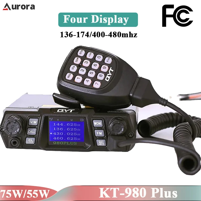 QYT KT-980Plus Car Mobile Radio 75W/55W FCC Dual Band VHF UHF Quad Standby Long Call Distance Display Screen Ham Radio Station