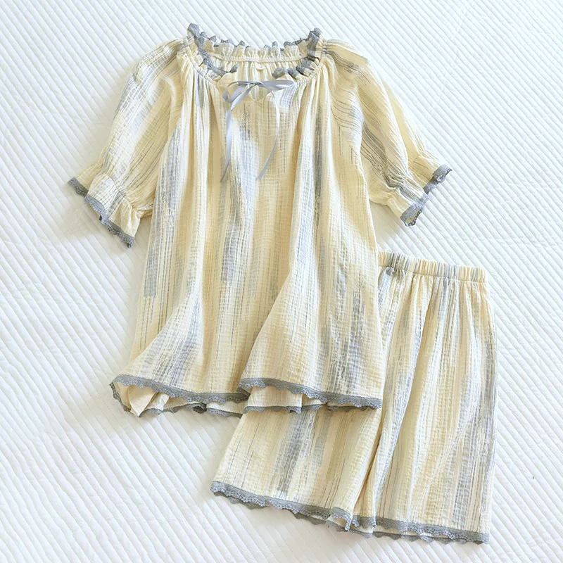 

Wholesale & Retail Summer Crepe Cotton Short Sleeve Shorts Women's Pajamas Japanese Thin Sweet Cotton Gauze Casual Homewear Set