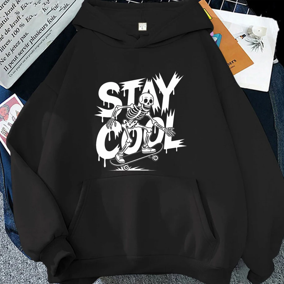 

Cartoon Skull for Skateboarding Print Unisex Hoodie Stay Cool Letter Pattern Men Women Sweatshirt Funny Personality Harajuku Top