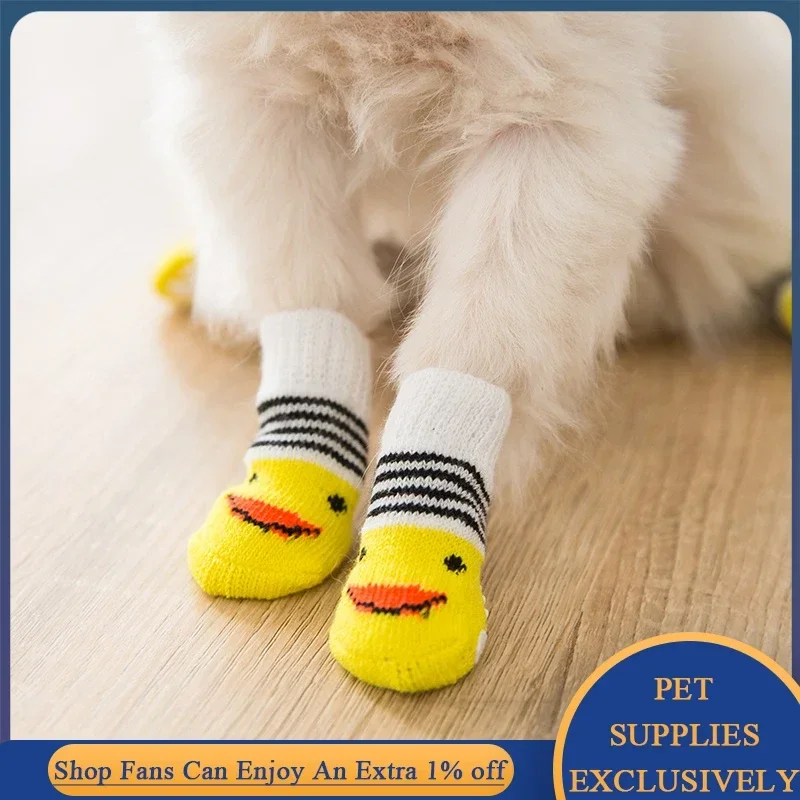 4Pcs/set Pet Dog Cotton Socks Autumn Winter Anti-Slip Knitted Small Dogs Shoes Thick Warm Paw Protector Puppy Indoor Wear Boot