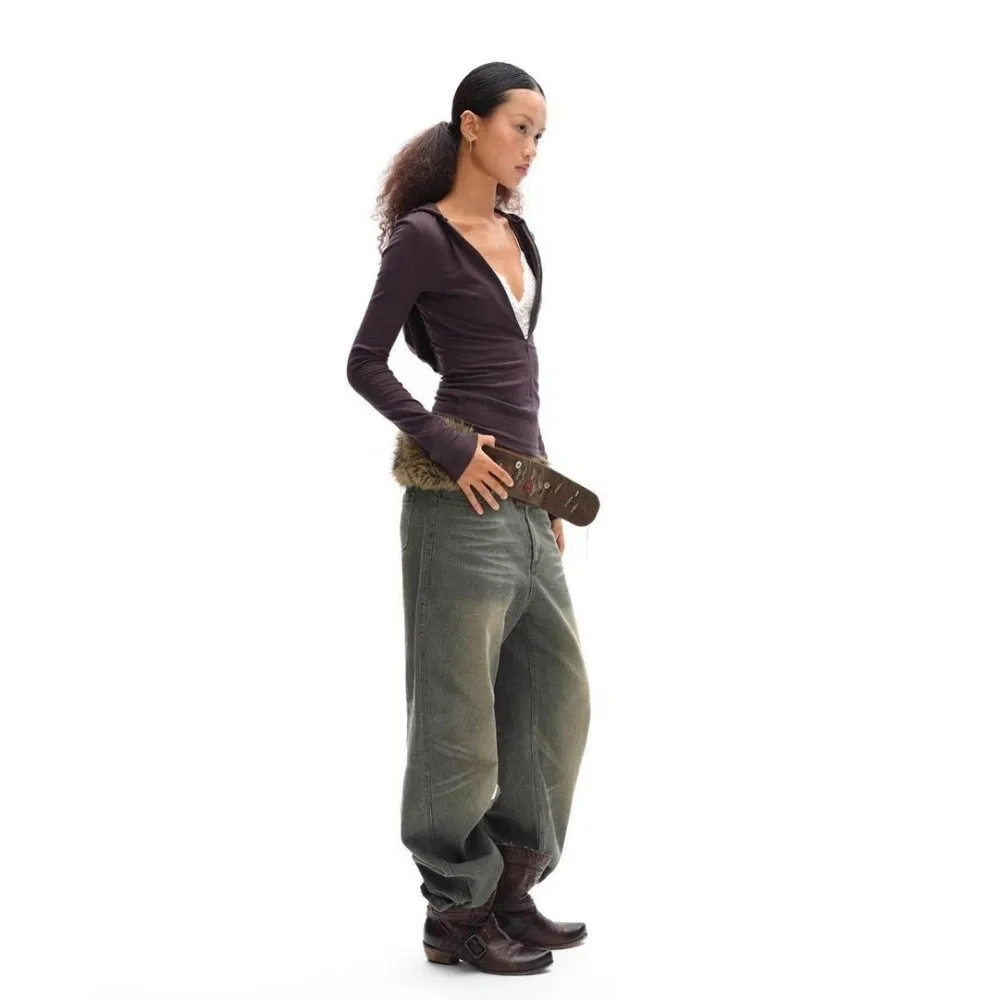 Gothic Punk Retro Lederen Riem Y2K Handgenaaide Bont Riem Haak Sluiting Jeans Broek Riem Vrouwen Mode Tailleband Decor