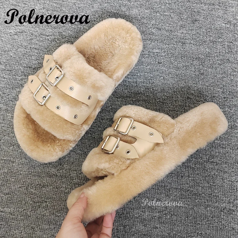 Thick-Soled Fur Slippers Belt Buckle Design Sandals Women Shoes Novelty Designer Elegant Ladies Party Mules Zapatos Para Mujere