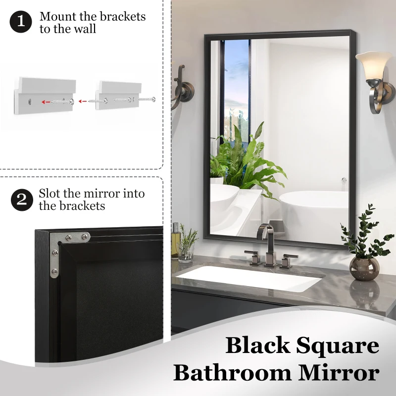 40x30inch Glossy Black Bathroom Mirrors For Wall  Corner Hangs Farmhouse Mirror Modern Metal Framed Rectangular Mirror