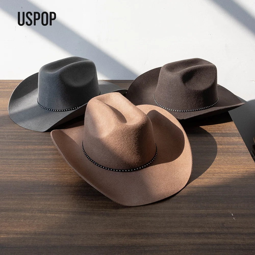 USPOP Unisex Wool Felt Cowboy Hat with Studded Belt Spring Autumn 100% Wool Fedora Wide Brim Curved Edge Outdoor Warm Hat