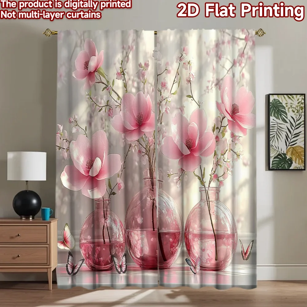 2D flat 2pcs Curtain Modern Minimalist Style Spring Pink Magnolia Vases Digitally printed polyester Family Party Decoration for