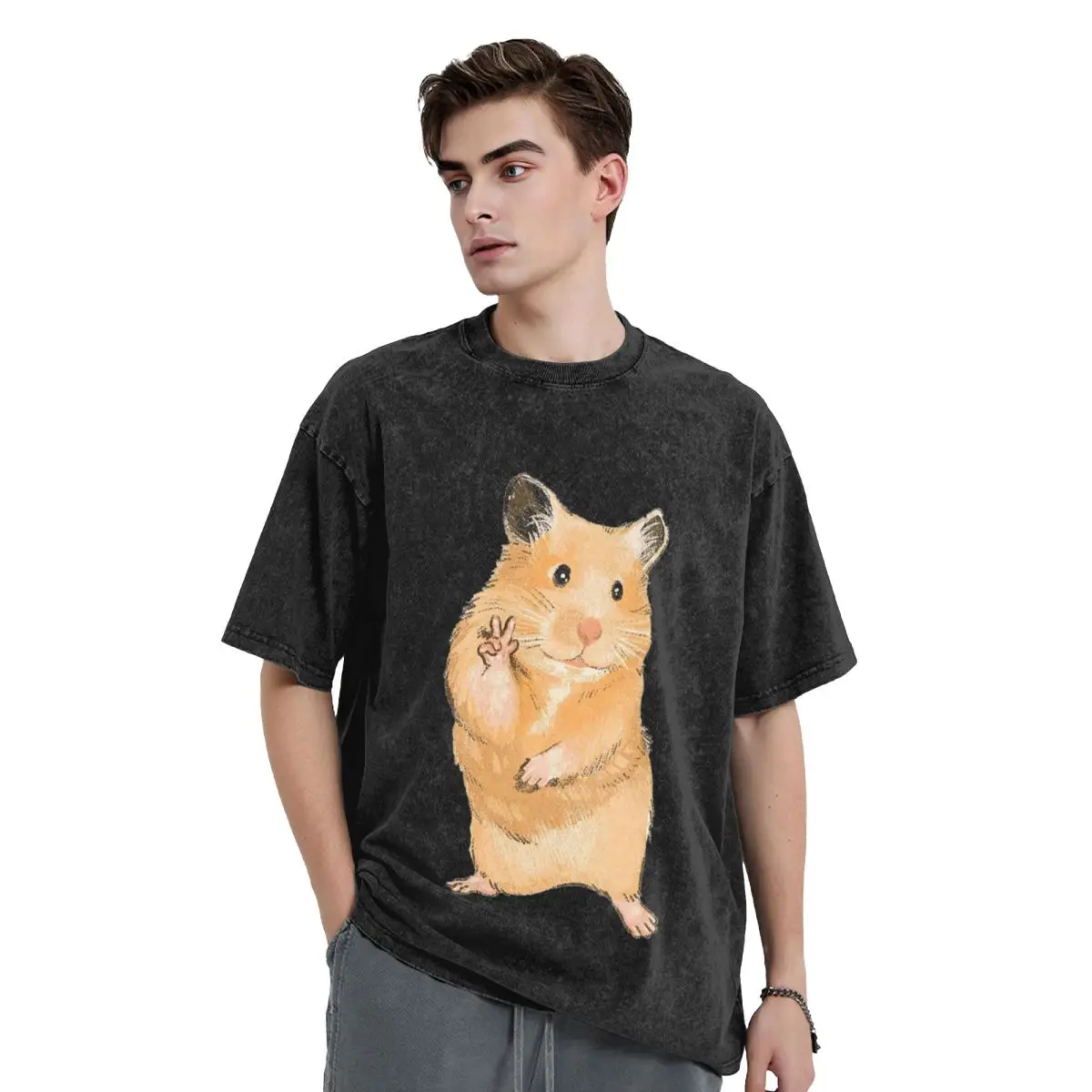 Selfie Hamster Washed T Shirts Vintage Short Sleeve Hip Hop T-Shirt Streetwear Tops Tees for Men Women