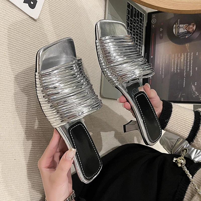 Sexy Lady Women Stripe Noodles Shaped Design Square Open Toe Stiletto Low Heels Slippers Shoes Woman Feast Casual Slippers Shoes - view 2