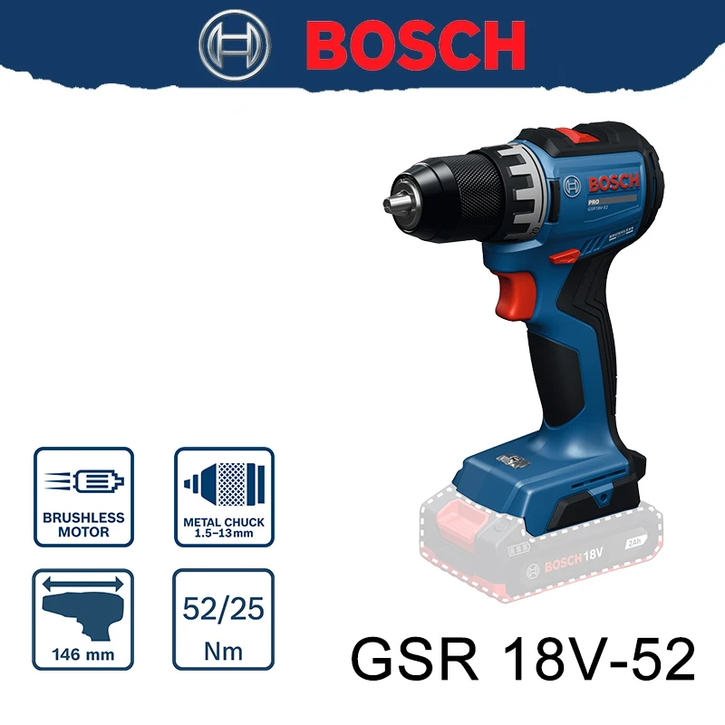 Электрическая дрель Bosch GSR18V-52, 52 Нм, прочная и надежная, с металлическим патроном для высококачественного завинчивания и сверления.