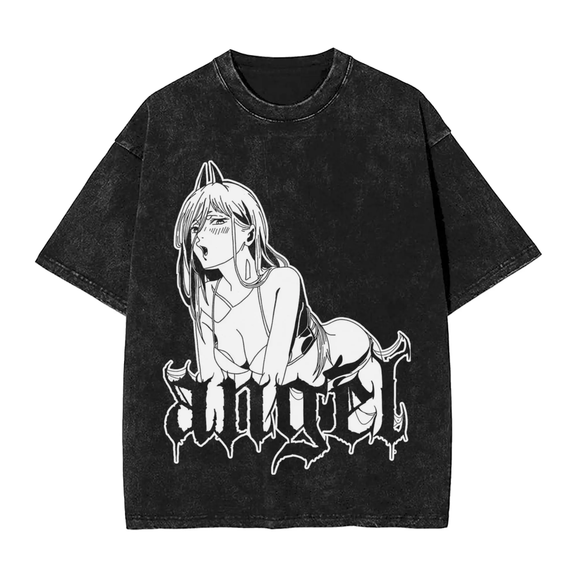 Wanna Wrestle Chainsaw Man T Shirts Hip Hop Washed Cotton Street T-Shirts  Vintage Men Women Tops Streetwear Printed Tee Shirt