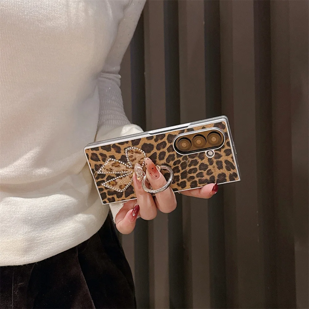 حافظة لهاتف سامسونج جالاكسي Z Fold6 fold5 4 3 Fold7 من الجلد الفاخر الماسي مع حامل حلقي حافظات لطيفة #6