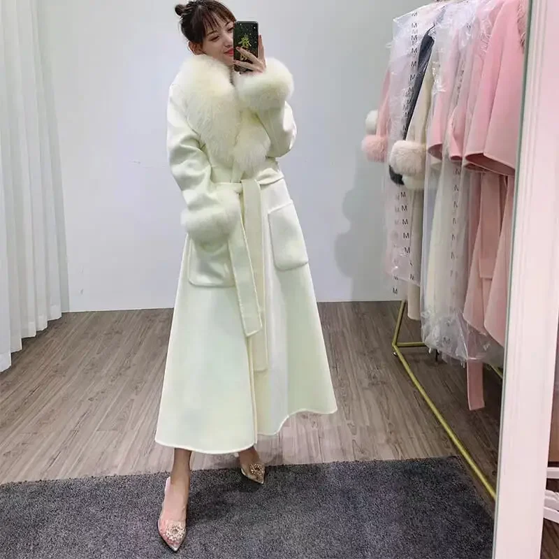 Fox Fur Trimming Wool Jacket Fashion Long Style Furry Real Sheep Fur Cashmere Coat For Women