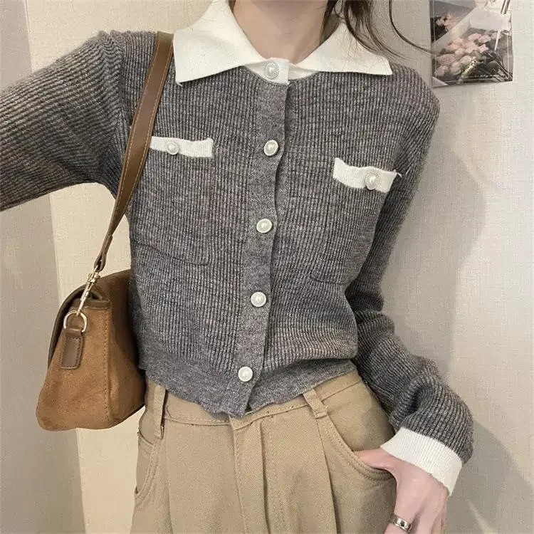 Fashion Long Sleeve Casual Slim Short Tops Sweet Cardigans Sweater Spring Autumn Women Sweaters Color Blocking Knitted Cardigan