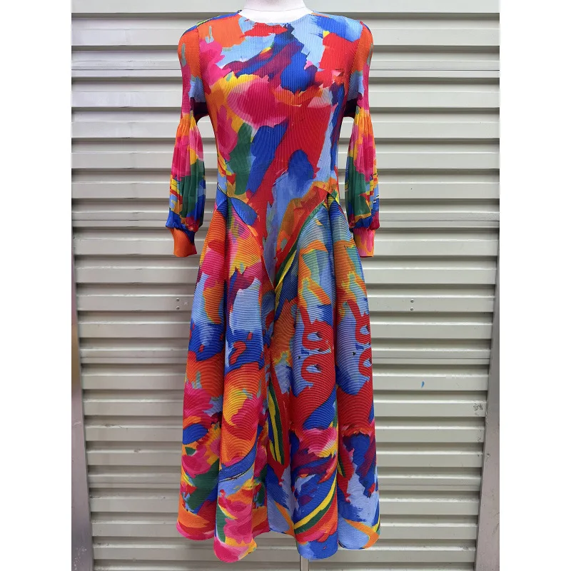 Długa plisowana spódnica w kwiatowy wzór, ośmioczęściowa, z wysokim stanem, w stylu francuskim, z włókna poliestrowego, ocieplana, jesienna, streetwearowa.