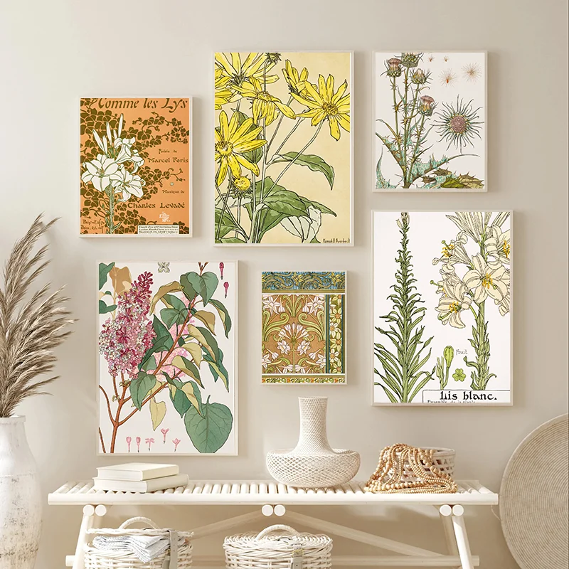 1PC Art Nouveau Flowers Botanical Illustration Wisteria Print Vintage Posters Printable Canvas Painting Home Living Room Deco