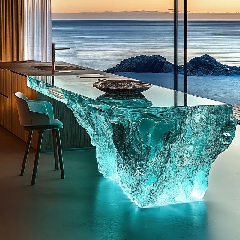 

Premium light luxury transparent resin hotel front desk restaurant villa kitchen partition luminous crystal glacier island table