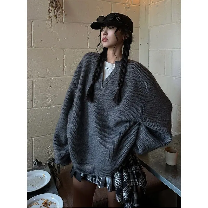 

Gagaok American Retro Pull Femme Hot Girl Grey Fake Two Piece Sweaters Autumn Winter Clothes Streetwear Casual Pullover Top