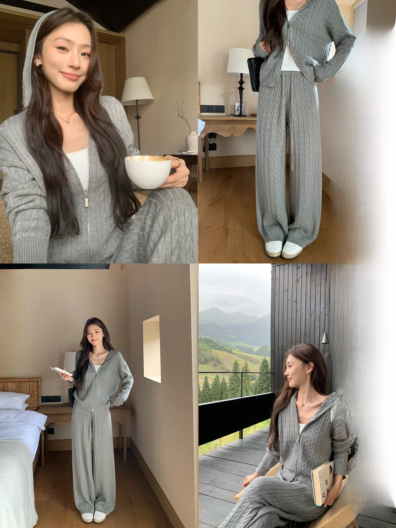 Pusumede Casual Style Knitted Cardigan Coat Women's Set with Drawstring Hat Cotton Blend Long Sleeve Zipper Closure