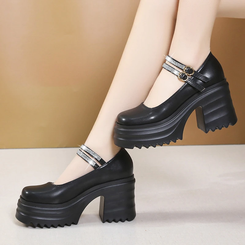 Autumn Pumps Women's 2022 Leather Mary Janes High Heels Shoes Black for Office Model Fashion Rhinestone Buckle Platform Shoes image 3
