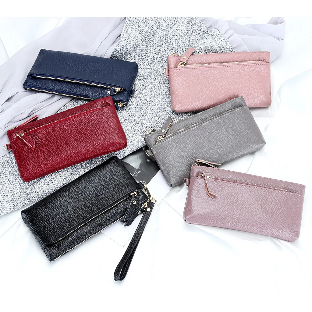 Women Genuine Leather Long Clutch Wallet 2026 Large Capacity Portable Zip Wristlet Purse Classic Design Ladies Phone Card Holder