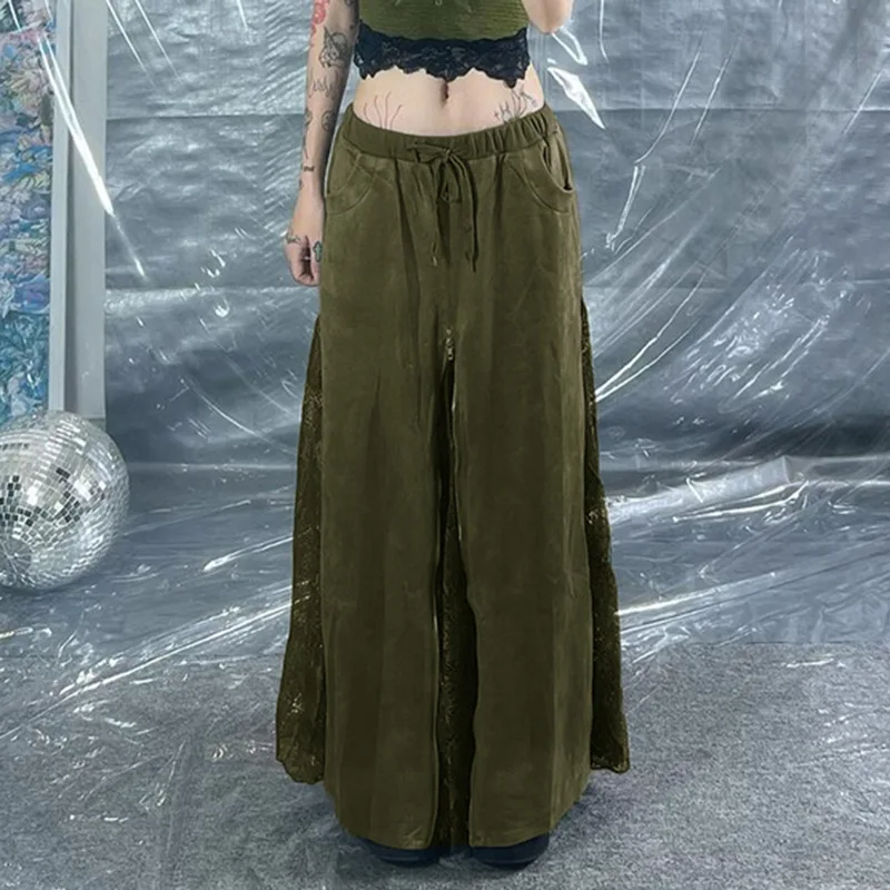 

SKMY Fashion Vintage Green Lace Patchwork Low Waist Zippered Floor-Length A-Line Skirt Women Clothing Slimming Long Skirts