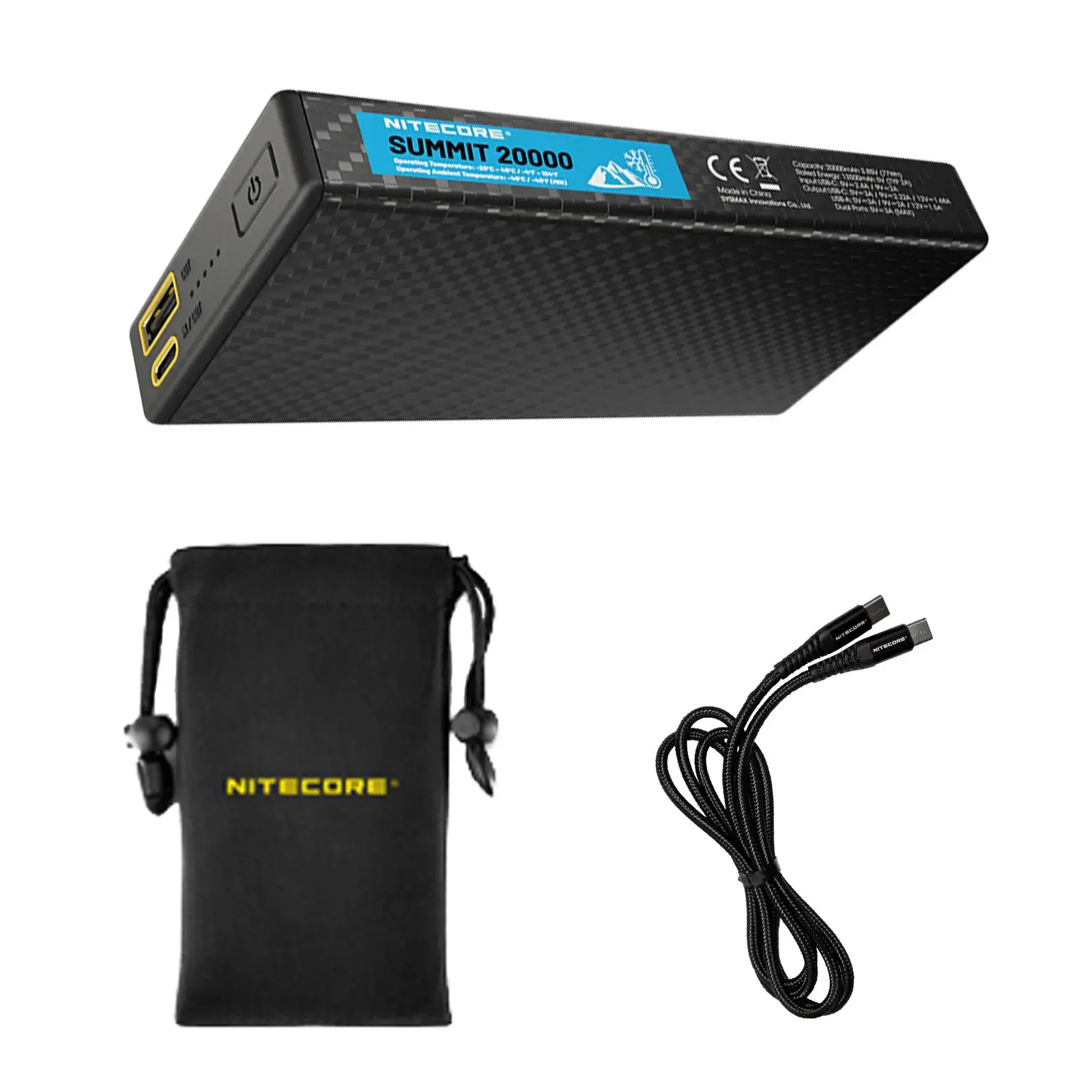 20,000mAh Carbon Fiber Power Bank Ultra Slim and Lightweight for Low Temperature Charging NITECORE Summit 20000