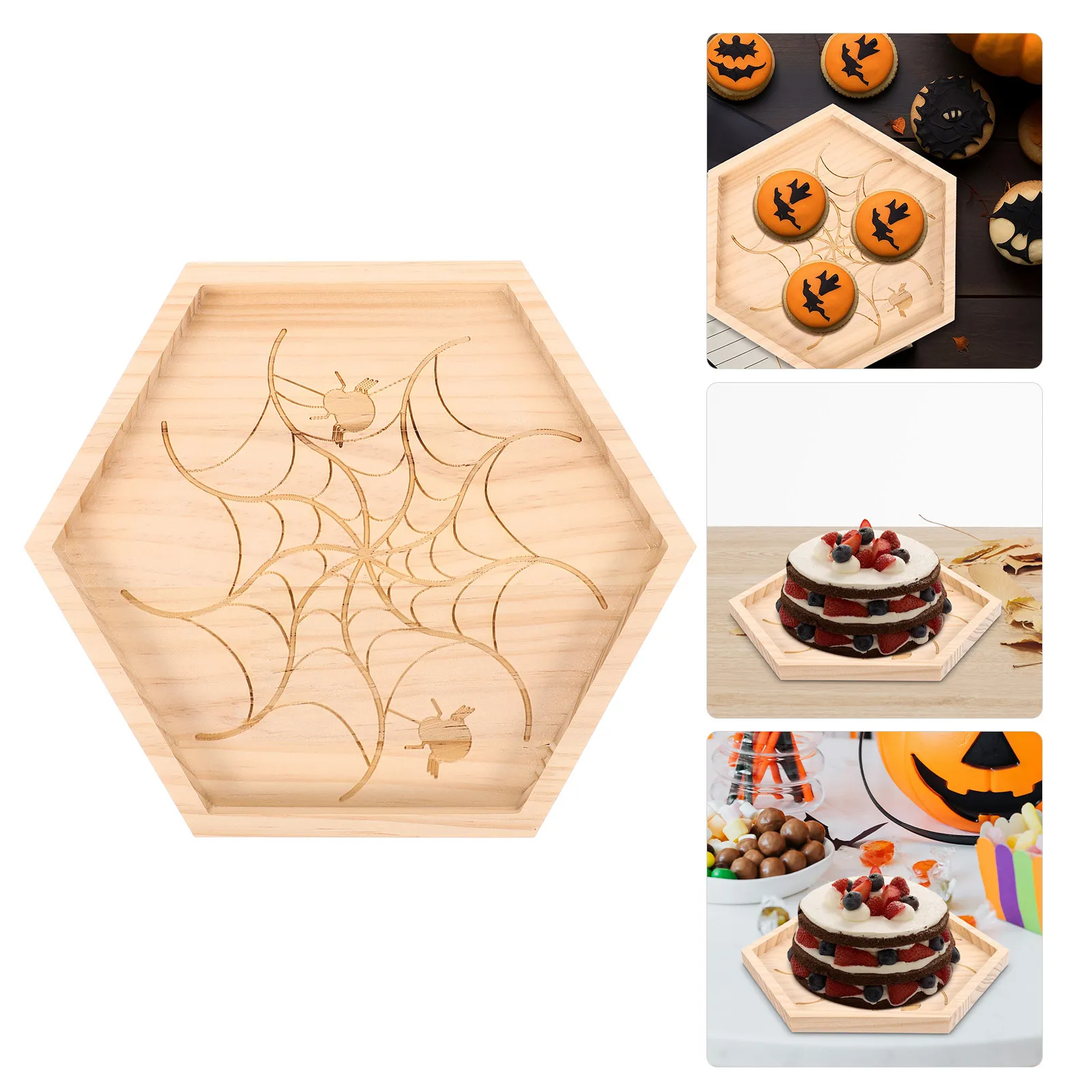 Spider Web Halloween Wooden Serving Plate Hand Polished Lightweight Easy Clean Perfect for Desserts Fruits Snacks Party