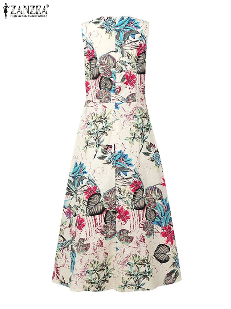 ZANZEA Abito da donna a metà polpaccio Abito estivo stampato floreale vintage 2025 Casual A-Line Abito a pieghe senza maniche Abiti da festa estivi