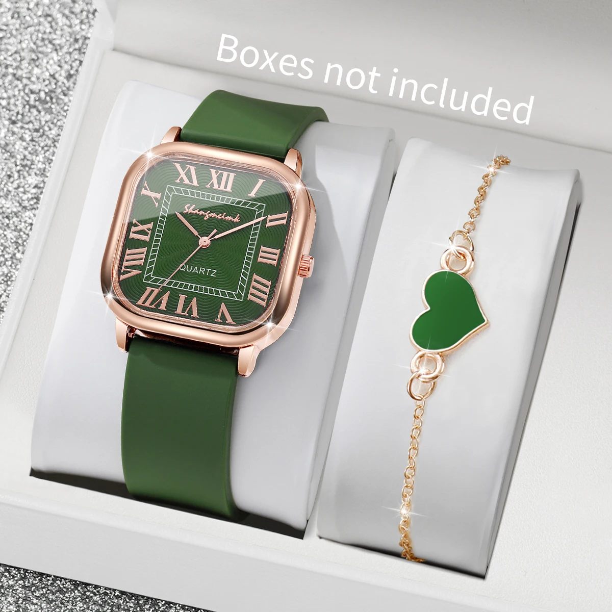 2PCS Fashion Square Women Watches Heart Bracelet Set Silicone Strap Quartz Watch Reloj Mujer Girls ClockWithout Box