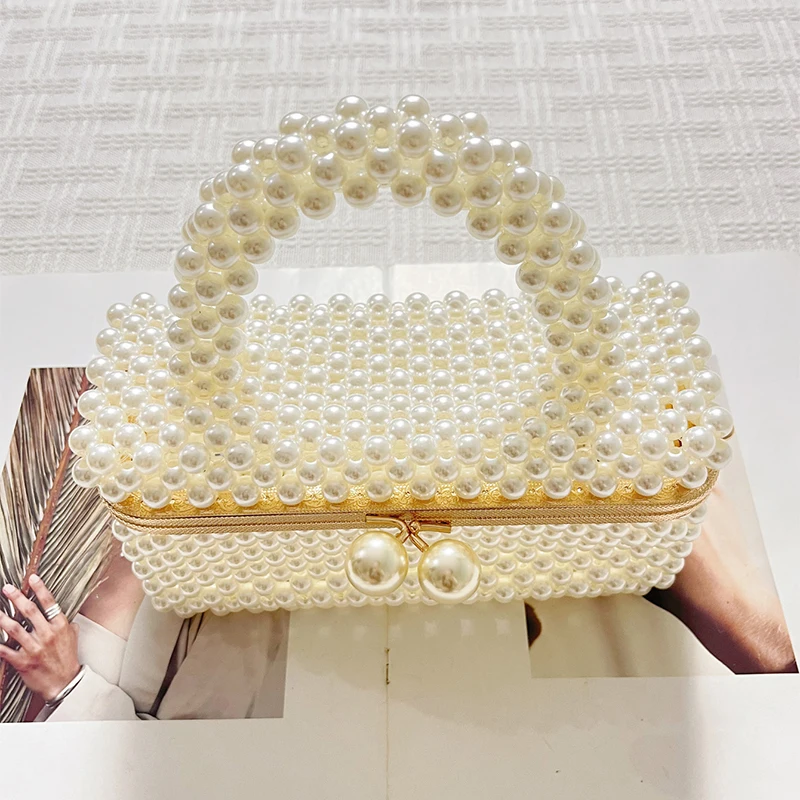 Imitation pearl woven hollow small square bag 2025 summer new handbag elegant solid color bead women's handbag