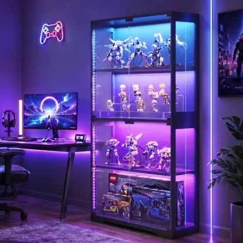 Display Case with Glass Doors & RGB LED Light, Glass Display Cabinet | 4-Tier Display Shelf Storage Cabinet for view 5