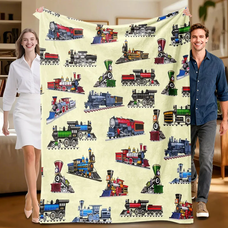 

Цельное кремовое фланелевое одеяло с тематикой поезда, мягкое, подходит для дивана, кровати, офиса, всесезонного использования.
