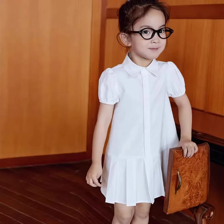 Girls' Shirt Dress Academic Style Single Breasted Dress 2026 Summer New Style Baby Girl Short Sleeves Dress