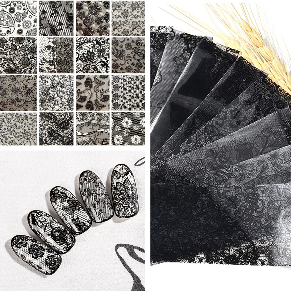 Autocollants pour ongles en dentelle Rose, noir et blanc, feuille de transfert, motif de fleurs noires, Art de manucure et de pédicure